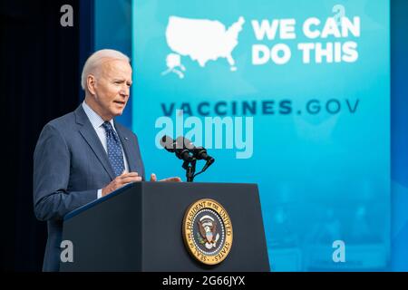 WASHINGTON DC, USA - 02 June 2021 - US President Joe Biden, joined by Vice President Kamala Harris, delivers remarks on the COVID-19 National Month of Stock Photo