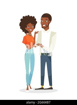 Vector illustration of black young pretty woman and handsome man standing together. Happy people in love, African American couple. Man and woman in Stock Vector