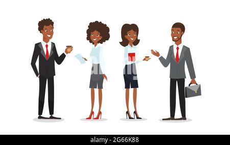 Vector illustration set of business characters. Collection of African American businessmen and businesswomen talking and smiling in flat cartoon style Stock Vector