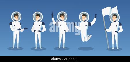 Vector illustration set of cartoon astronauts, spaceman in different positions. Moving cosmonaut in space costume, man in spacesuit, isolated on blue Stock Vector