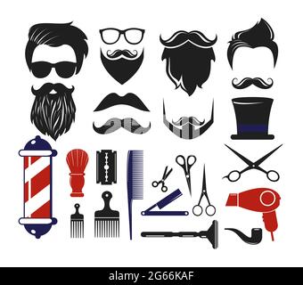 Vector illustration set of barber shop icons, elements for man s haircut salon logos. Men hipster haircuts, scissors, scallops, glasses, beard Stock Vector