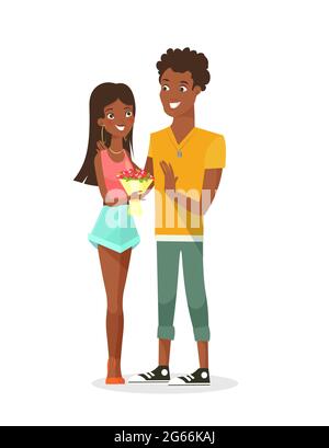 Vector illustration of young African American couple. Young beautiful black woman and black handsome guy on a date, dating couple, in love, people in Stock Vector