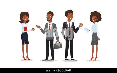 Vector illustration of African American men and women in business clothes, standind and talking together. Black business characters for design in Stock Vector