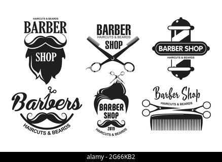 Vector illustration set of barbershop logos, emblems and labels in vintage style. Badges and logos isolated on white background. Stock Vector