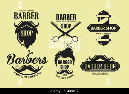 Vector illustration set of vintage barber shop emblems in retro style isolated on yellow color background. Labels, badges, logos elements in Stock Vector