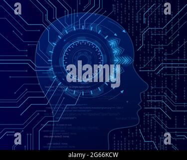 Cyber mind on the binary code background. Big data artificial intelligence. Machine learning in the side head form. Virtual concept vector Stock Vector