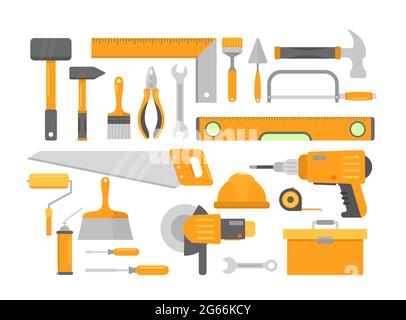 Set of bright orange building repair home construction tools isolated on white background. Brick hammer, level meter, drill screwdriver, construction Stock Vector