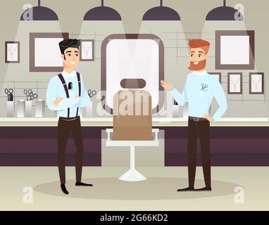 Vector illustration of two bearded barbers doing male clients haircut in barbershop.Men beauty salon barbershop concept. Barber shop interior with Stock Vector