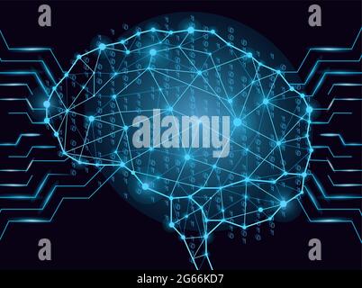 Binary code in digital brain form composed of lines, triangles, binary digits and dots. High tech style artifical intelligence concept vector Stock Vector