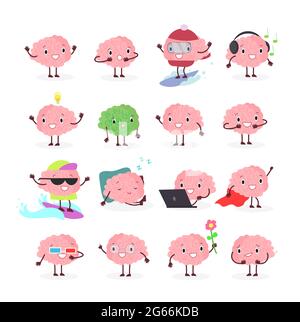 Vector illustration set of brain emoji, emotion brainy character in different positions and emotions, brainstorming set isolated on white background Stock Vector