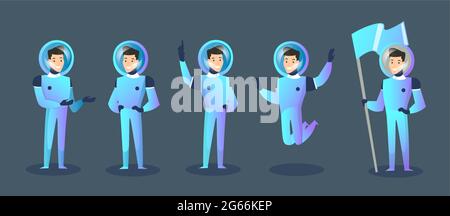 Vector illustration set of cartoon characters spaceman in different positions, moving cosmonaut in spacesuit and helmet isolated on dark blue Stock Vector