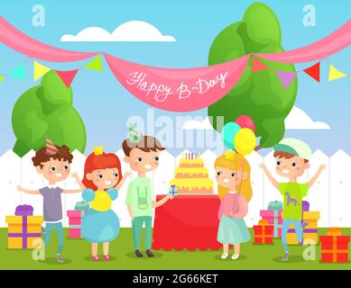 Vector illustration of kids birthday party on back yard background with funny friends, happy children company of boys and girls having fun Stock Vector