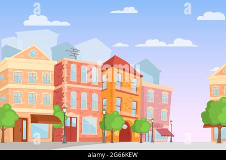 Vector illustration of cartoon city in bright colors, day time, cute city street with colorful houses in flat style. Stock Vector