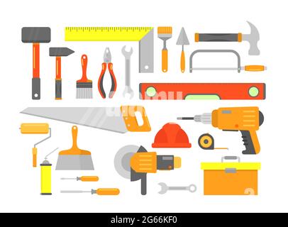 Vector illustration set of building tools and elements for building in bright colors isolated on white background in flat cartoon style. Stock Vector