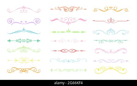 Vector illustration set of decorative flourishes. vintage hand drawn dividers in pastel colors. Swirls, decorations ornate elements for greeting cards Stock Vector