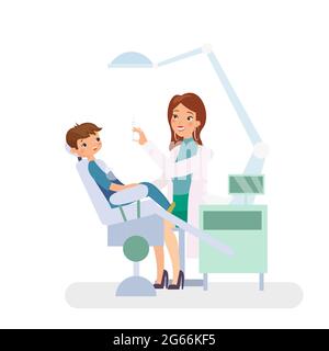 Vector illustration of little boy in dentist office. Medicine, dental concept. Pretty doctor woman and child patient in dentist chair in flat cartoon Stock Vector