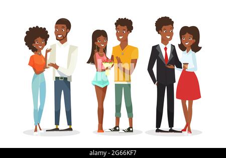 Vector illustration set of cute African American couples on the date. Young woman and man. Black people, family. Handsome man and pretty woman in flat Stock Vector