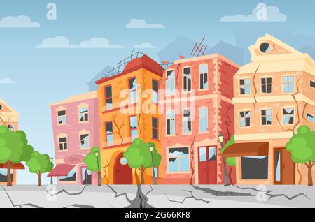 Vector illustration of earthquake in the city, ground crevices. Cartoon colorful houses with cracks and damages. Natural disaster concept, cataclysm Stock Vector