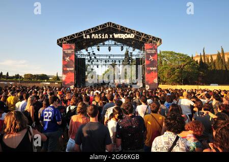 General view of the main stage of the Vida 2021 Festival.Vida 2021, an international festival that is held in the city of Vilanova i la Geltru (Barcelona) for three days and that with more than 50 live performances brings together author music, pop, rock, electronic music and indie music. Festival Vida 2021 tries to offer an experience of music, nature, sea, art and gastronomy in a bucolic setting in several stages in the same place. Stock Photo