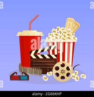 Vector illustration concept of cinema. popcorn, 3d glasses and film-strip cinematography in flat cartoon style. Stock Vector