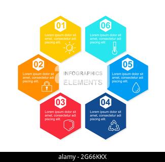 Vecto illustration infographics concept with hexagon colorful elements with icons and place for text. Diagram template for presentation in flat style Stock Vector