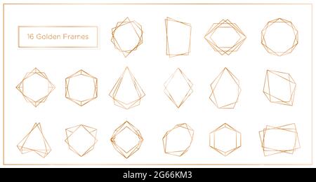 Vector illustration of gold segments frames set on white background. Geometric polyhedron thin line frames collection best for wedding invitation Stock Vector
