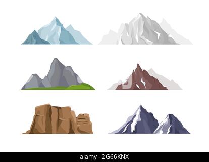 Vector illustration set of mountain icons in flat cartoon style. Different mountains and hills collection isolated on white background. Stock Vector