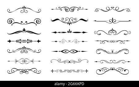 Vector illustration set of dividers, flourishes, vines, ornate lines, ornament elements in vintage style. Retro elements for greeting cards, letters Stock Vector