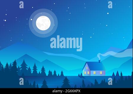 Vector illustration of house in mountains, forest landscape in the night with neon light. Geometric flat illustration with neon gradient. Mountains Stock Vector