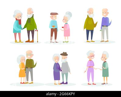 Vector illustration set of cute and lovely old people couples and old friends isolated on white background. Healthy and active grandparents. Elderly Stock Vector