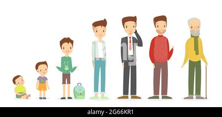 Vector illustration of a man in different ages - as a small baby boy, a child, a pupil, a teenager, an adult and an elderly person. Growing up and Stock Vector