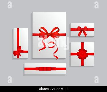 Vector illustration set of white gift box, red color bow knot, ribbon. Collection of gift boxes, top view, isolated on white background. Stock Vector