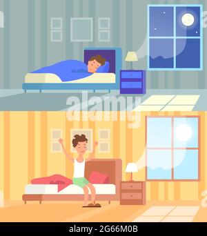 Vector illustration of man sleeping at night and waking up morning. Sleep in comfy bed concept, good morning, start of the day, wake up. Cartoon flat Stock Vector