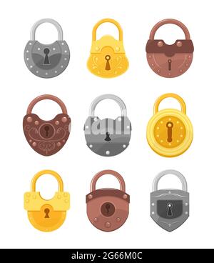 Vector illustration set of padlocks, golden and silver locks isolated on white background. Locks for safety and protection. Stock Vector