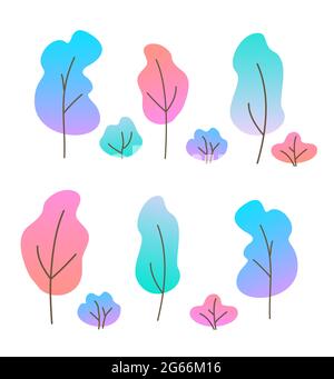 Vector illustration set of flat trees and bushes. Various trees with color gradient. Simple cartoon trees on white background. Stock Vector
