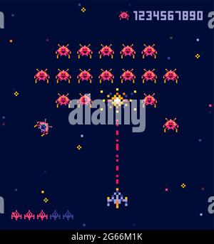 Vector illustration of old pixel art style Ufo space war game. Pixel monsters and spaceship. Retro game, 8 bit game concept, trendy 90s style. Stock Vector