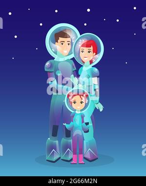 Vector illustration of astronauts family, spaceman, people in spacesuit. Futuristic concept of people. Mars colonization. Woman, man, child in Stock Vector