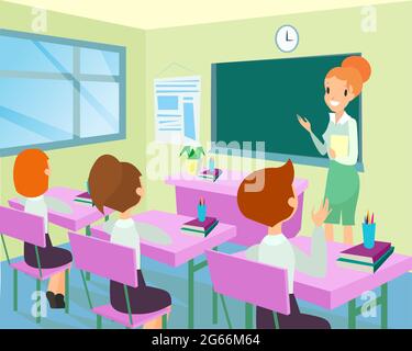 Vector illustration of teacher in classroom with kids. Female teacher standing near board in class, little children preschool studying concept Stock Vector