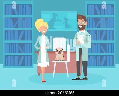 Vector illustration of smiling male female veterinarians. Vet pet doctors, cute puppy dog in flat cartoon style. Stock Vector