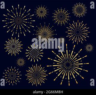 Vector illustration set of golden firework salute burst on dark background. Salute collection in night sky background. Stock Vector
