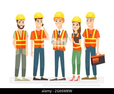 Vector illustration of construction workers team characters. Men and women in uniforms and helmets on white background in cartoon flat style. Stock Vector