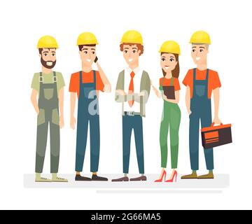 Vector illustration of workers team, engineers and builders dressed in protective vests and helmets. Workers in cartoon flat style isolated on white Stock Vector