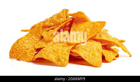 Heap of nachos corn chips isolated on white background Stock Photo