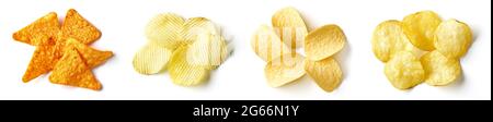 Heap of various salted potato chips isolated on white background, top view Stock Photo