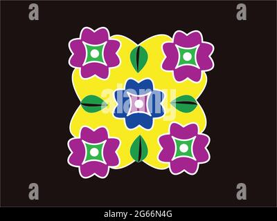 Colorful Rangoli mandala design concept of floral line art isolated on dark background Stock Vector