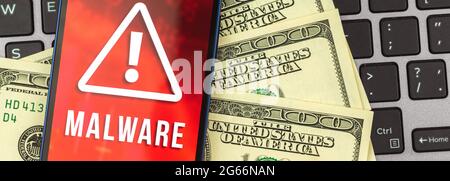 Personal data protection, mobile phone with malware screen banner, background with money and laptop Stock Photo