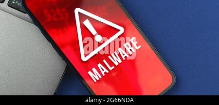 Smartphone screen with detected malware software, waring of cyber crime Stock Photo