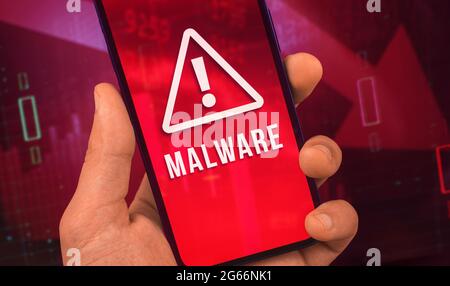 Man hold mobile phone with Malware warn screen, concept photo of cyber crime in the world Stock Photo