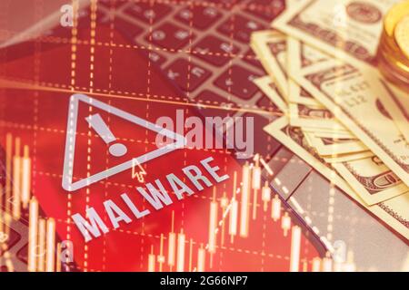 Virus and malware alert background, cyber crime with mobile phone, hacking the personal data, bank accounts, password Stock Photo