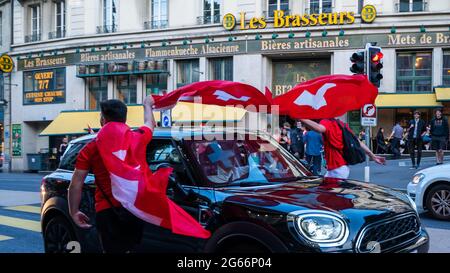 Lausanne, Vaud Canton, Switzerland - July 2 2021: Switzerland football fans manifest against spanish people after losing football match of UEFA EURO 2 Stock Photo